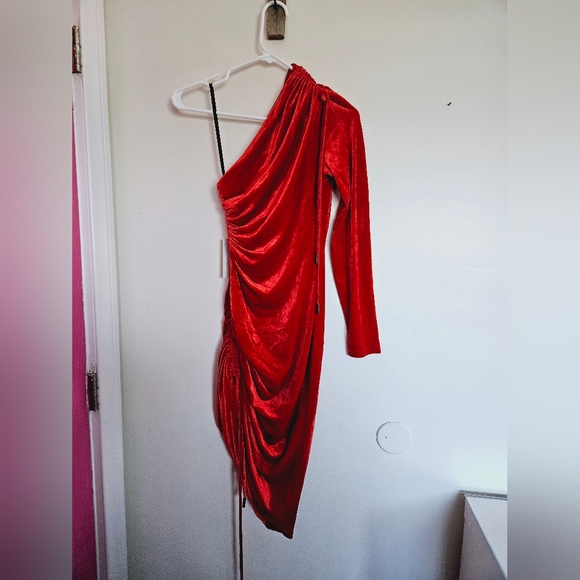 New MONSE Velvet Ruched Asymmetrical Mini Dress - Picture 7 of 10